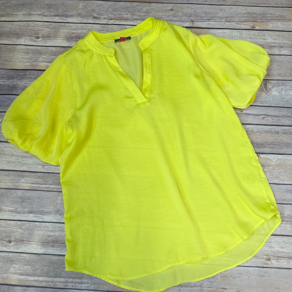 Vince Camuto Women's Hammered Satin Puff Sleeve Top Bright Lemon Size S